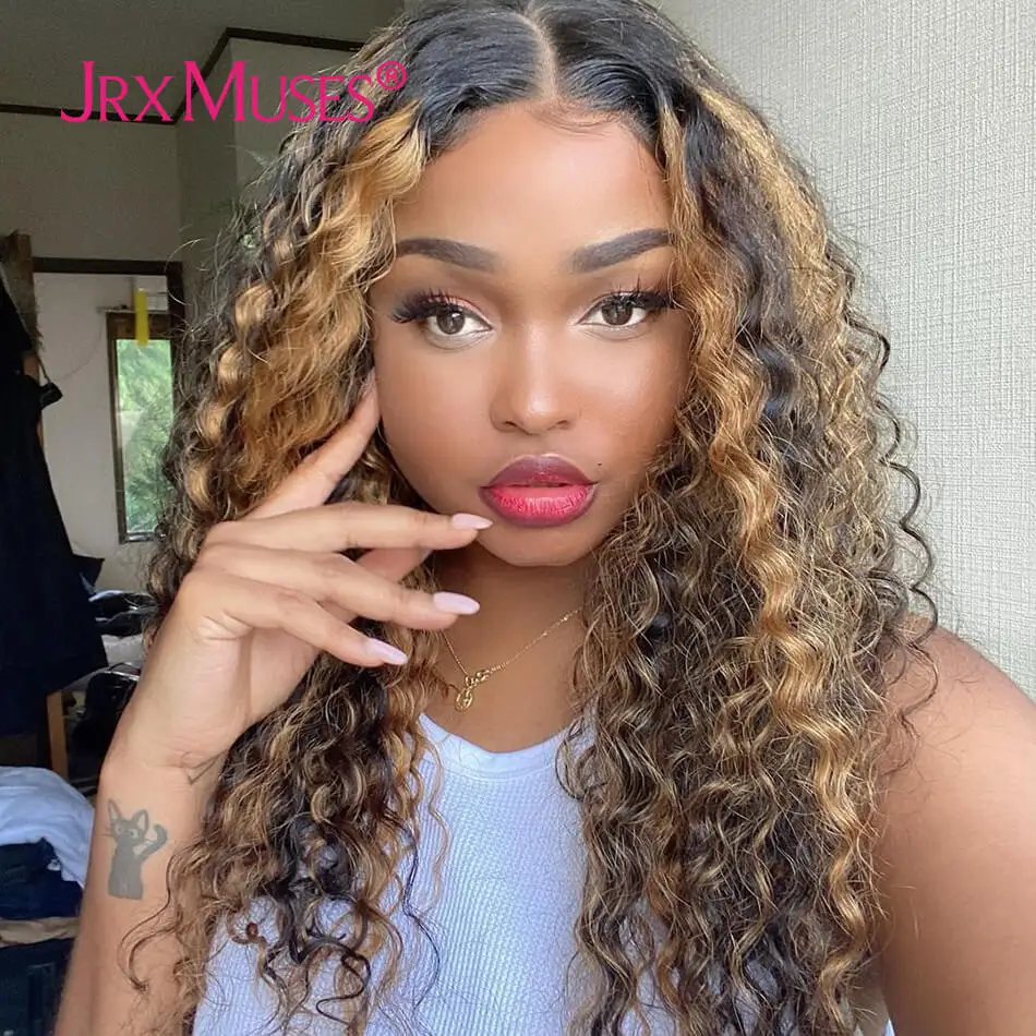 Highlights Lace Human Hair Wigs Deep Wave Honey Blonde Highlight Mix Colors  Water Curly T Part Wig Preplucked For Black Women - Lace Wigs - AliExpress