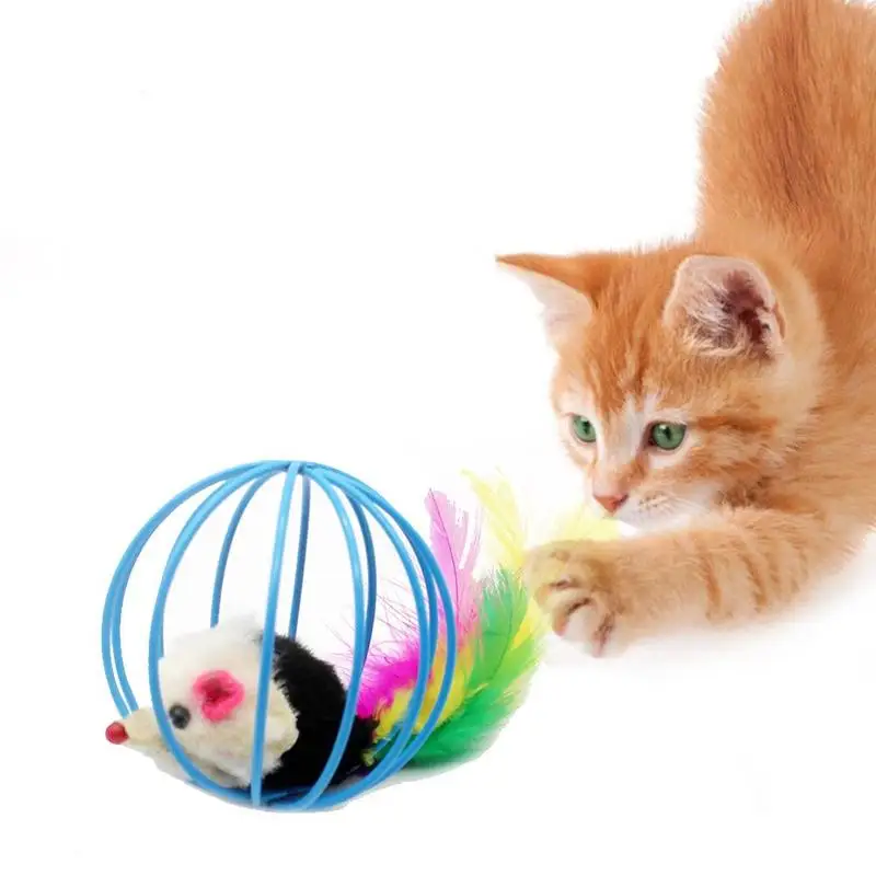Цвет случайный железная клетка мышь перо плюшевая мышь кошка игрушки интерактивный котенок игра мыши игрушки для кошек животные