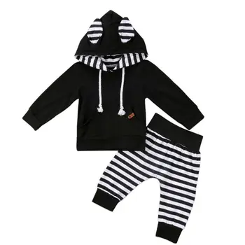 

2019 Brand New 2PCS Newborn Toddler Infant Kid Gift Baby Boy Girl Clothes Little Ear Hoodie T-shirt Top+Pants Striped Outfit Set