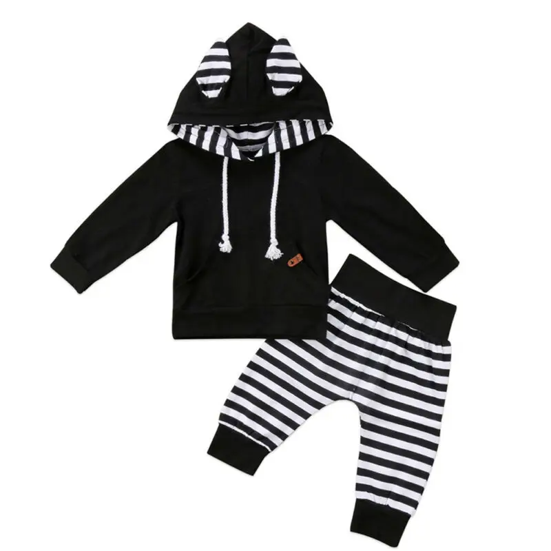 2019 flambant neuf 2 pièces nouveau-né enfant en bas âge infantile enfant cadeau bébé garçon fille vêtements petite oreille à capuche T-shirt haut + pantalon rayé tenue ensemble