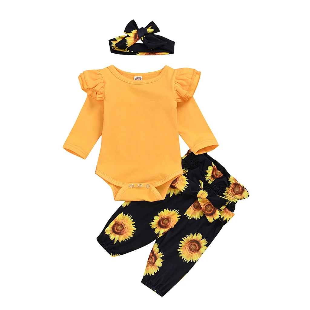 Зимняя одежда для новорожденных девочек; коллекция года; комбинезон; топы; штаны с цветочным принтом и подсолнухами; повязка на голову; комплект одежды; roupa infantil menino