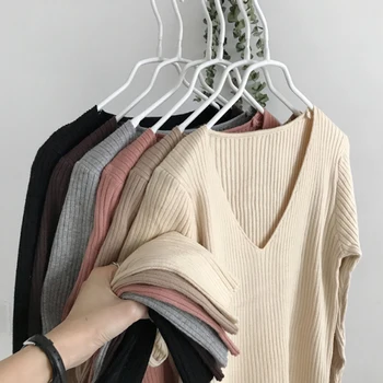 

2019 basic v-neck solid autumn winter Sweater Pullover Women Female Knitted sweater slim long sleeve badycon sweater cheap