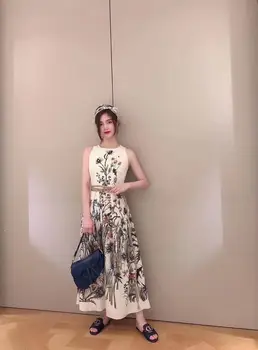 

2020 Summer Spring Runway Flower Floral Print Dress O-Neck Sleeveless Belt High Quality Long Party Dresses Casual Vibrant Top