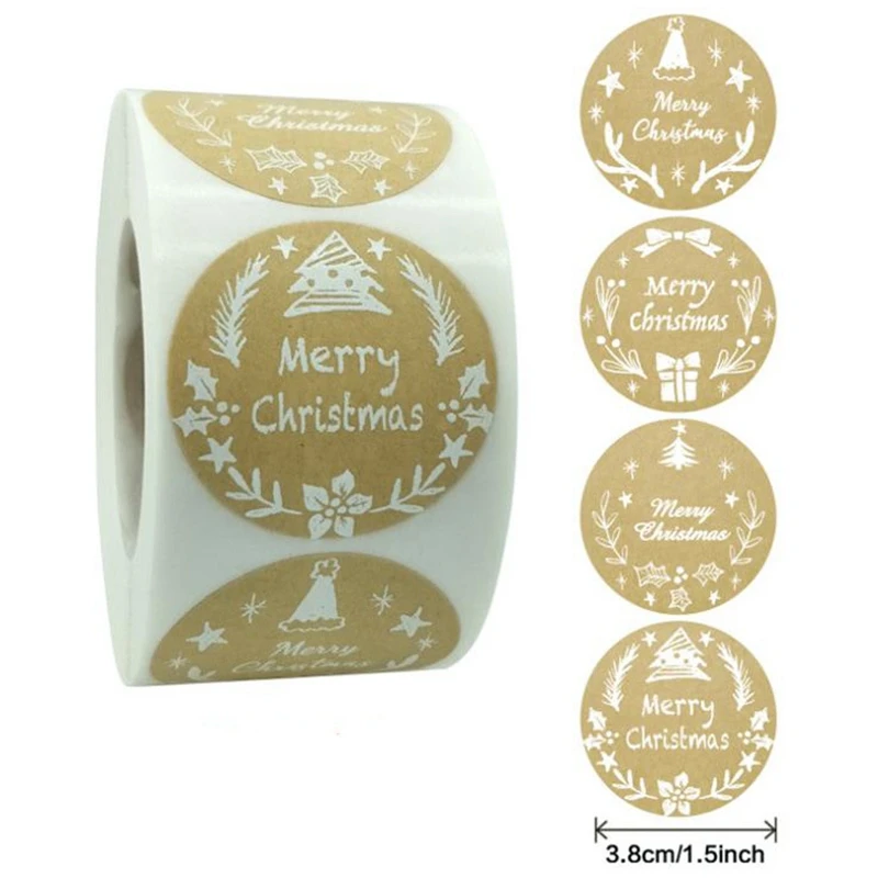 500pcs 1.5inch/38mm Round natural Kraft Paper Christmas White Font Holiday Decoration Sticker Merry Christmas sealing sticker