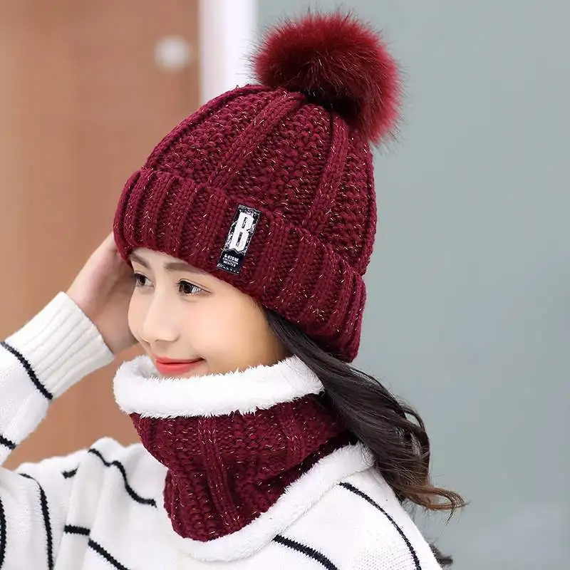 Red wine Scarf Set Брендовые зимние вязаные шапки Женская Толстая теплая шапка куполообразная шапка женская вязаная шапка с буквенным принтом шапочки уличные наборы для езды на велосипеде - Цвет: Red wine Scarf Set