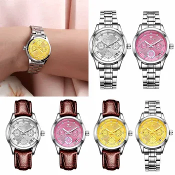 

Fashion Casual Automatic Mechanical Watch For Women Luxury Rhinestone Studded Calendar Leather Band Waterproof Wristwatch Reloj