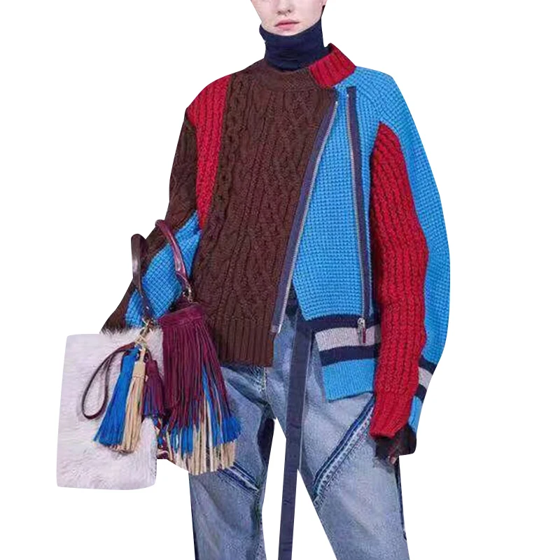 TWOTWINSTYLE лоскутный хит цвета женский свитер с длинным рукавом и круглым вырезом на молнии пуловеры женские свитера Осенняя мода Новинка