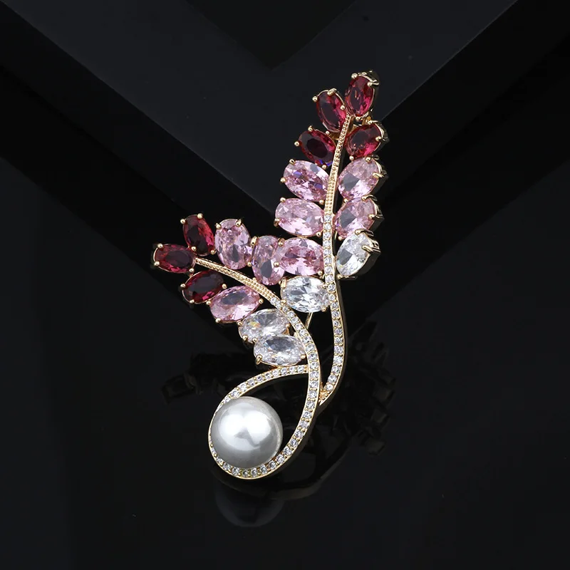 

Flower Brooch Color Gold Plated Micro Zircon Korean-style Pearl Corsage Coat Suit with Clothing Brooch