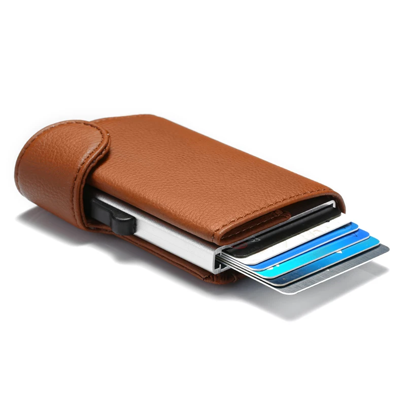 RFID блокирующий кошелек, алюминиевая коробка, держатель для карт, Ретро стиль, новинка, всплывающий Чехол для карт, защитный чехол для мужчин и женщин, кошелек для удостоверения личности - Цвет: Dark Brown S35