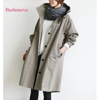 

Bazhenova Women Hooded Windbreaker Woman England Style Solid Color Wide-waisted Coats Girls Loose All-match Coat Laides Tops R24
