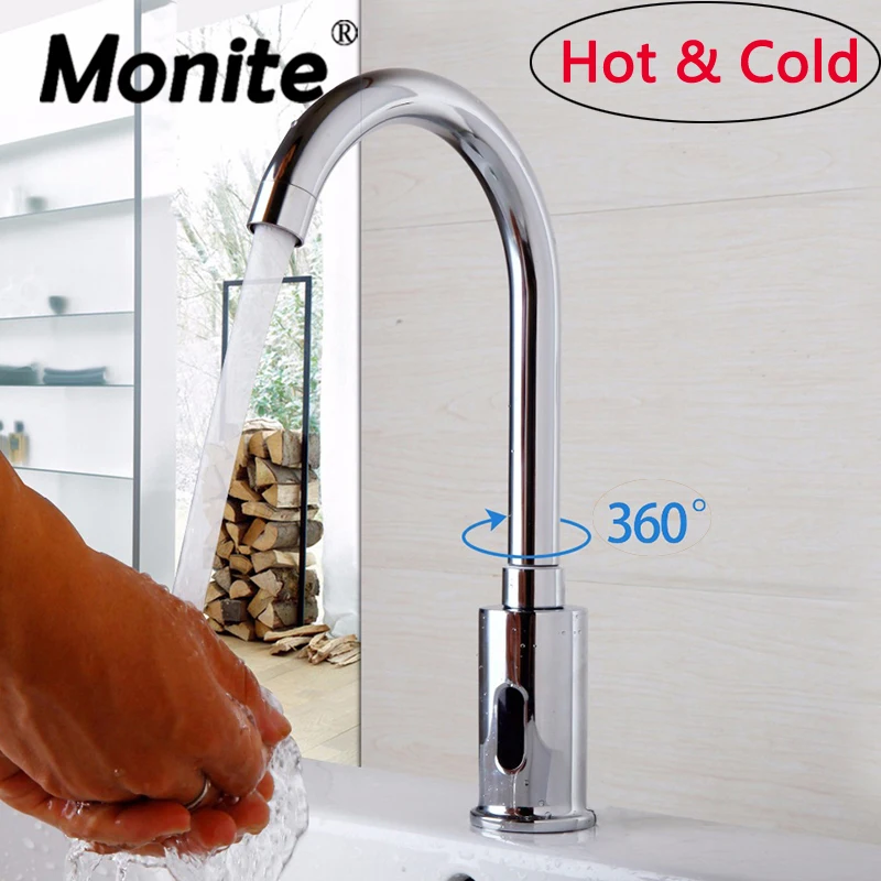 Monite 360 Поворотный кран для раковины ванной комнаты горячая и холодная вода смеситель кран без касания инфракрасный кран для раковины кран с автоматическим датчиком - Цвет: Hot and Cold