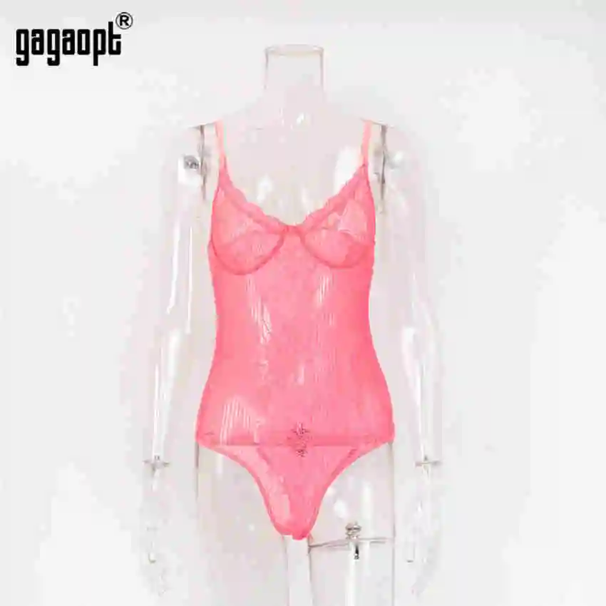 Neon Pink Gagaopt, сексуальный кружевной комбинезон, открытая спина, Прозрачная Кружевная Сетка, боди, женские комбинезоны, обтягивающие, неоновые, модные, на бретелях, боди - Цвет: Neon Pink