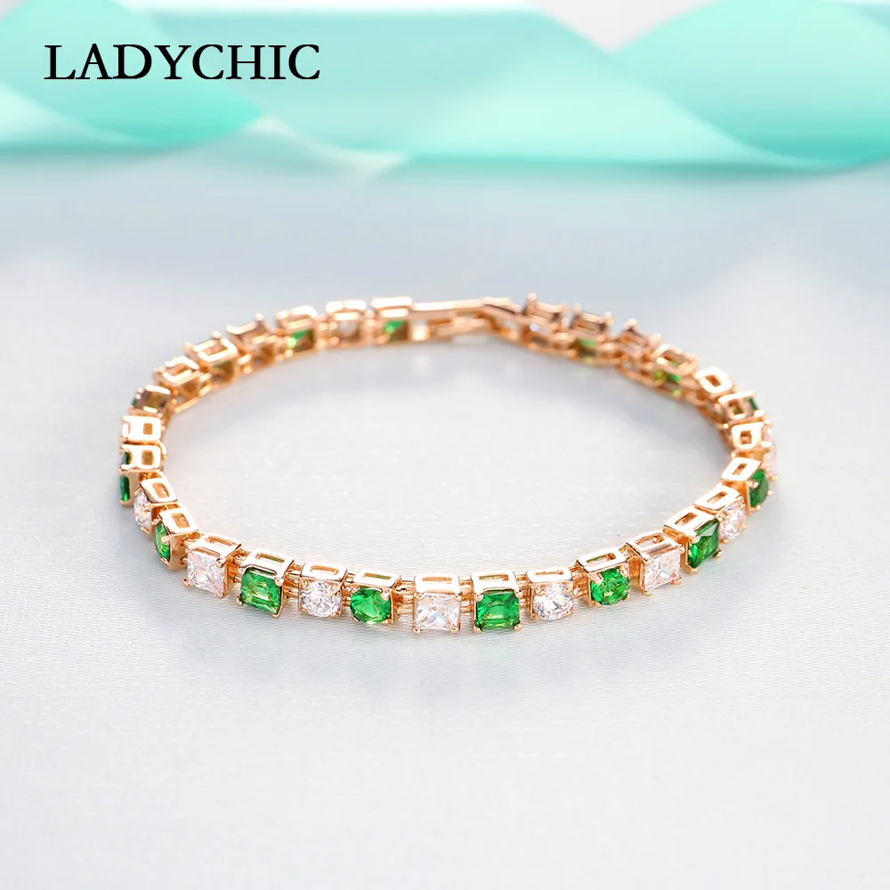 LADYCHIC новые круглые и квадратные Кристальные браслеты для женщин и мужчин зеленый AAA циркон золотой цвет коробка цепь браслет свадебные ювелирные изделия LB1012
