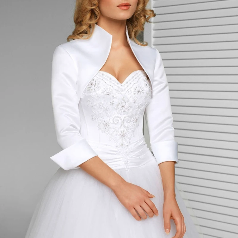 Mingli Tengda Stain Bride Bolero Shrugs For Women Stand-up Collar Stola Wedding Jacket 3/4 Sleeves Cape Bridal Polly Custom Made wedding shawl