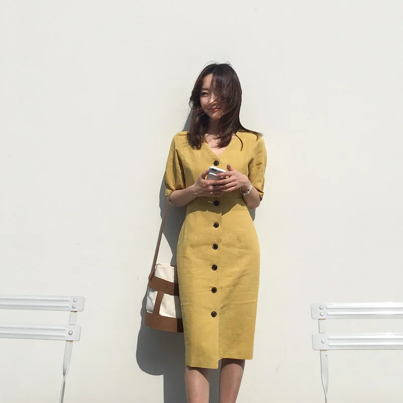 New Summer Dress Women Cotton Linen OL Casual Half Sleeve Dresses Female Dress V neck Solid Yellow Dress Boho Robe Femme Vestido