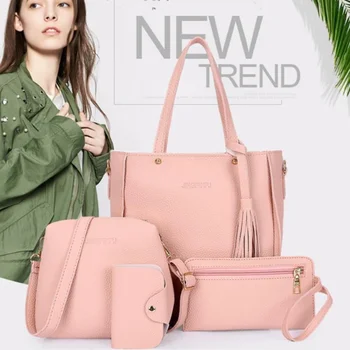 

4pcs/Set Fashion Women Bag Tassel Pure PU Leather Composite Bag For Women Clutch Handbag Set Large Shoulder Bag Tote bolso mujer