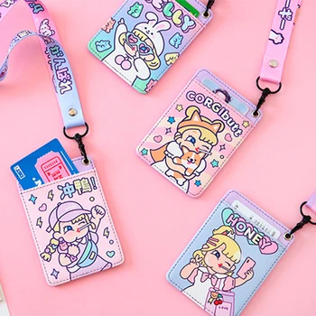 

Bentoy Girl PU Cartoon Bus Card Holder Milkjoy Student School Leather Neck ID Card Cover Women New Letter Rope Credit Card Clip