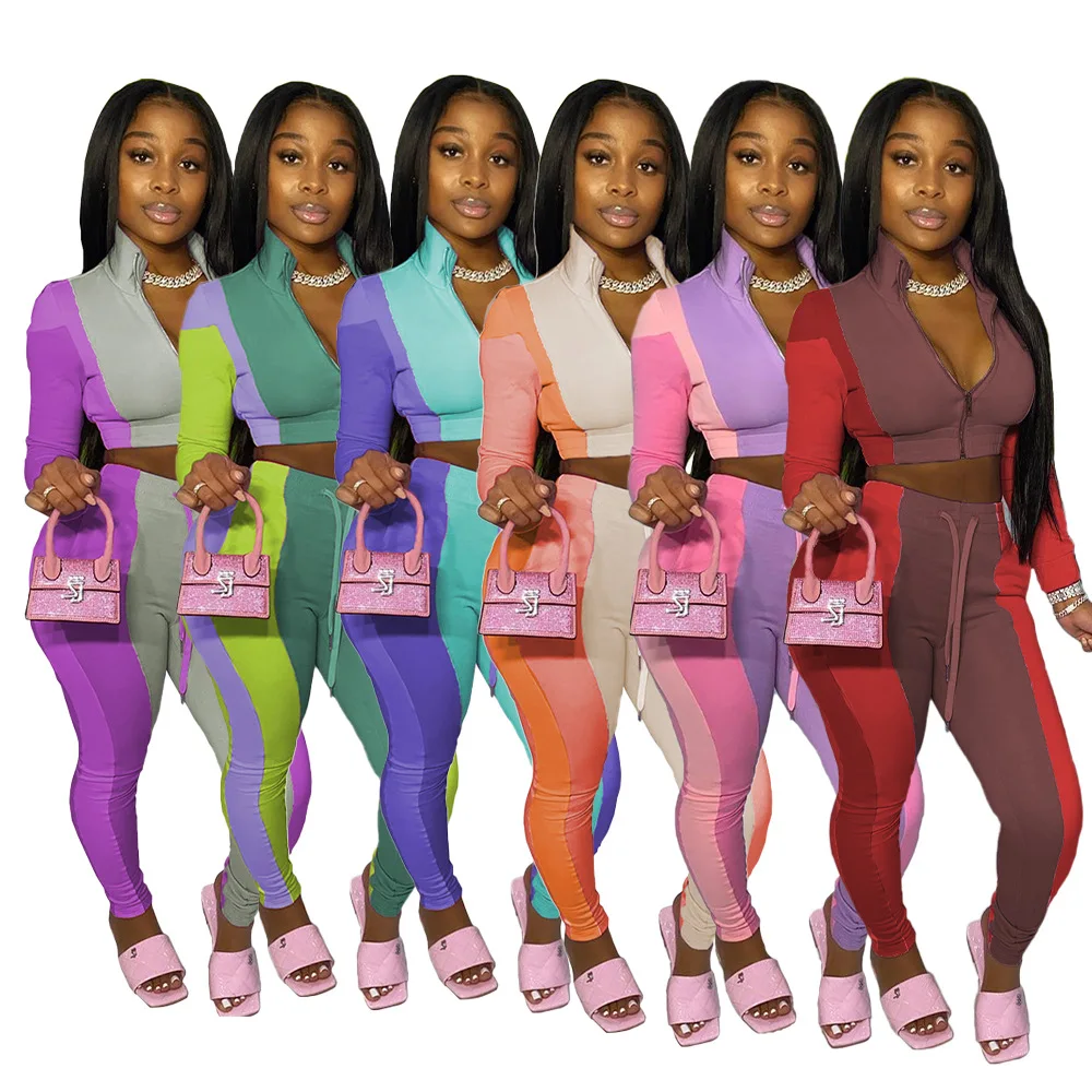 

Activewear Patchwork Women's Set Track Jacket Crop Tops Jogger Pant Set Sporty Tracksuit Fitness Two Piece Set Outfits