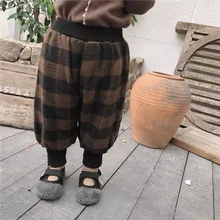 Зимний стиль; стиль; детская одежда в Корейском стиле для мужчин и женщин; детские клетчатые плотные повседневные брюки с большой подошвой