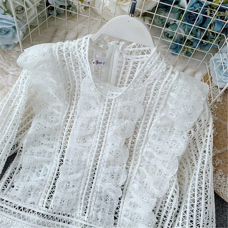 Neploe/Корейская Милая Кружевная рубашка с рюшами, с цветочным узором, с вырезом, осенние женские блузки с длинными рукавами и круглым вырезом, Blusas 54017
