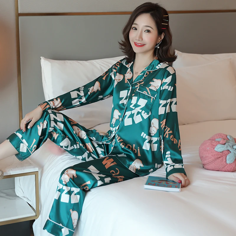 Шелковый пижамный комплект с длинными рукавами размера плюс 3XL 4XL, весенне-осенняя шелковая одежда для сна, красивая розовая пижама для девочек