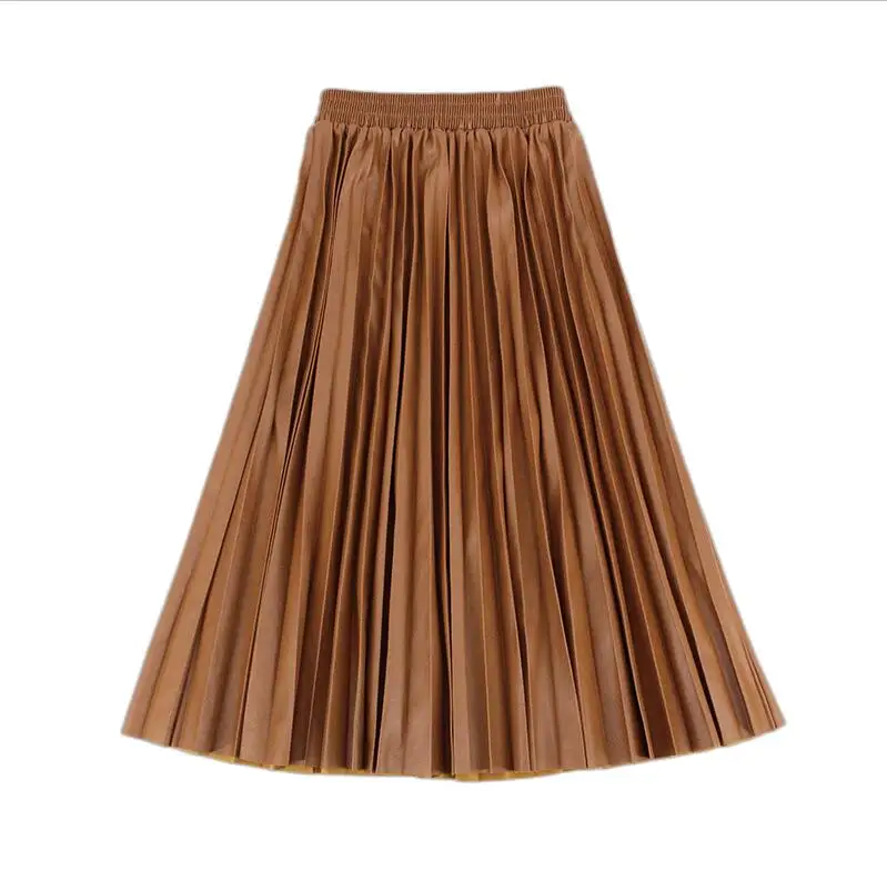 Khaki Autumn Fashion New PU Leather Pleated Skirt Elastic High Waist All-match Female's Bottoms - Цвет: Khaki