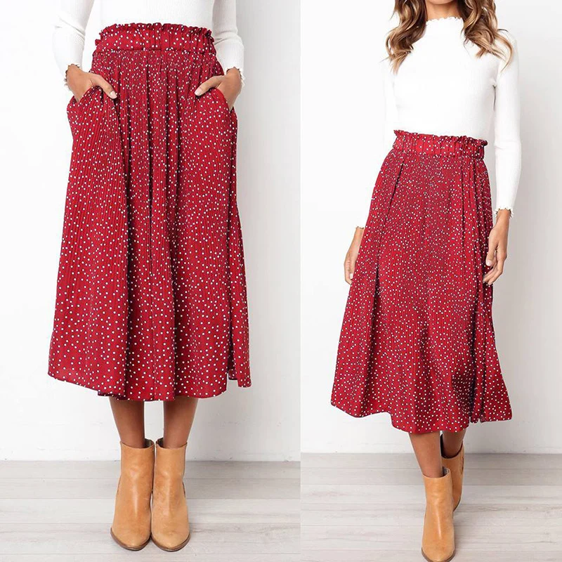 

Fashion Dot Pleated Skirts For Women Slim Pocket Long Skirt High Waist Long Printed Elastic Skirt Lady Spring Autumn Promotions