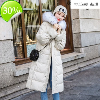 

White Ladies Thick Duck Down Jacket Women Winter Long Down Coat Female Large Raccoon Fur Hooded Warm Clothes Hiver LW1469