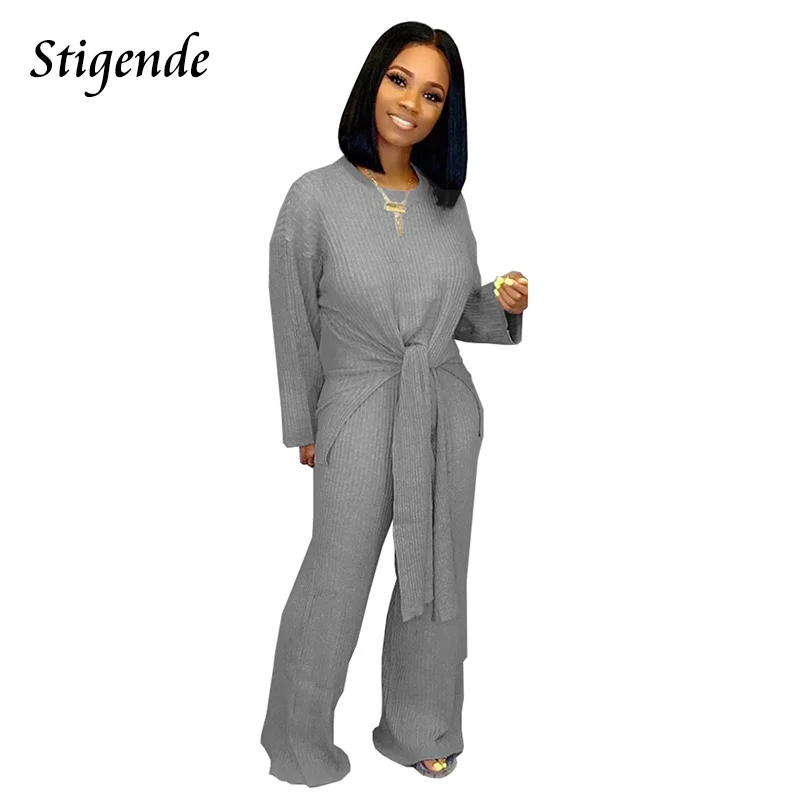 

Stigende Women Casual Autumn Two Piece Set Top and Pants Solid Color Bandage Long Pullover Wide Leg Trousers 2 Piece Knitted Set