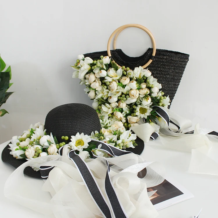 Women Fashion Summer Beach Bag Black Weave Rattan Artificial Flowers Studded Soft Scarves Straw Handbag Hat Suit Holiday Tote