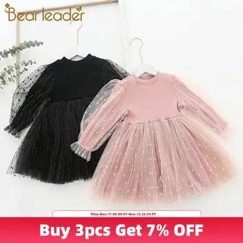 

Bear Leader Baby Girl Cute Costume 2020 New Children Girls Mesh Cotton Patchwork Dress with Long Puff Sleeve Princess Dresses