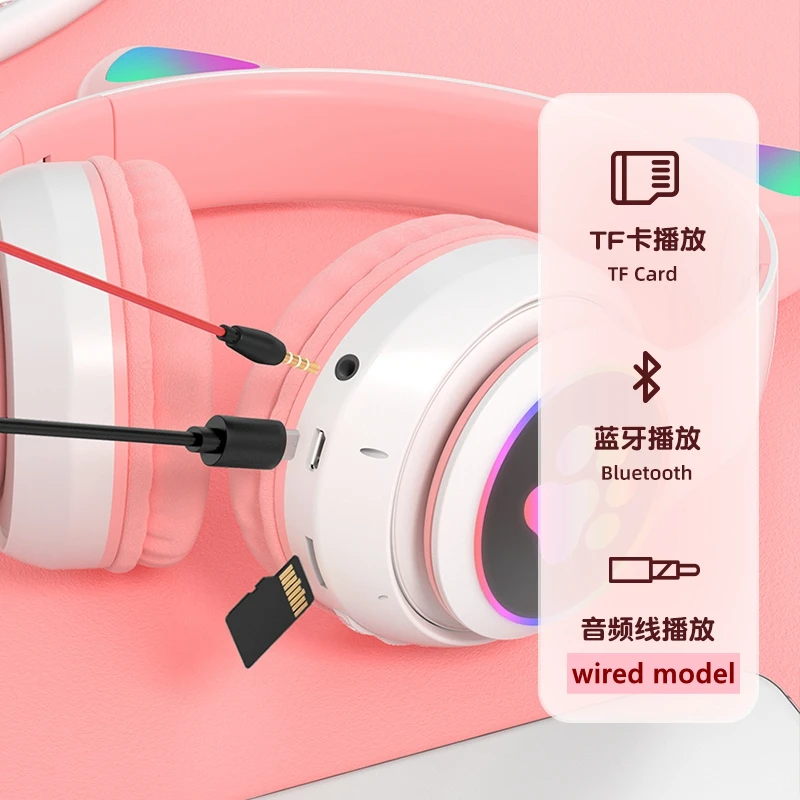 Glowing Light Cute Cat Bluetooth Kid Headphone with Mic Can Close LED Girls Music Bass Helmet Phone Tablet Wireless Headset Gift