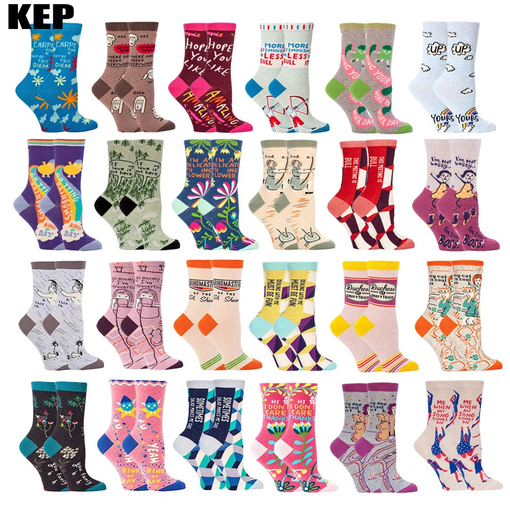 

Brand Quality Cotton Women Socks 2019 Winter Warm Soft Funny Cute Flower Creative letter Print Harajuku Cartoon Happy Socks Gift