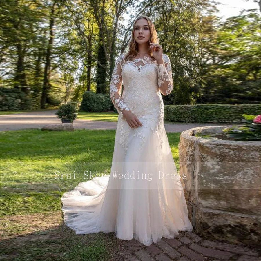 Elegant Sheath Champagne Wedding Dress Long Sleeve with Appliques Tulle Gowns 2019 Bridal Dresses Custom Made | Свадьбы и торжества