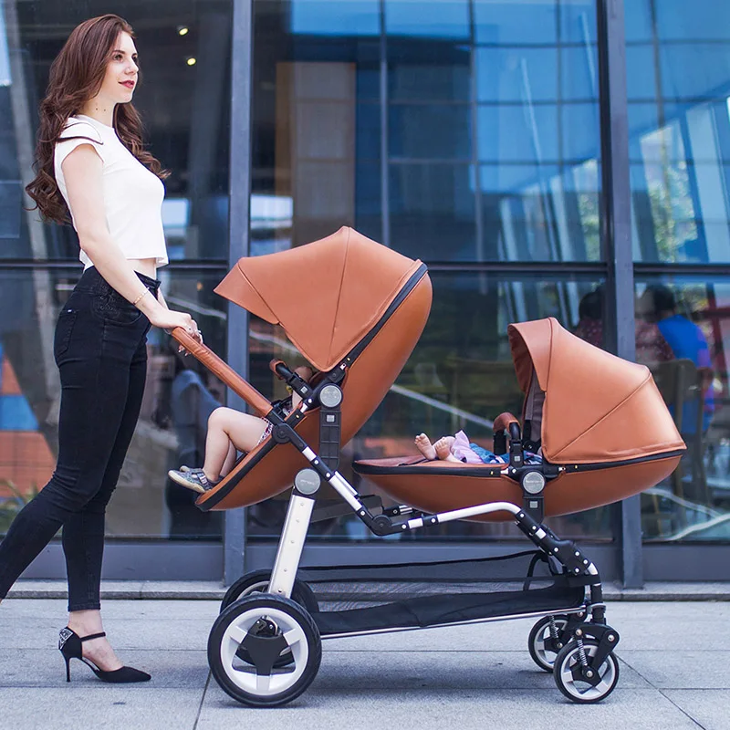 Кожаная коляска Babyfond для близнецов 3 в 1 с высокой посадкой складная двойная