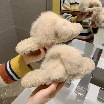

Women Fur Slippers Real Fur Slippers Rabbit Fur Beach Slides Fashion Plush Fur Slides Warm Shoes Women Slip on Female Slides