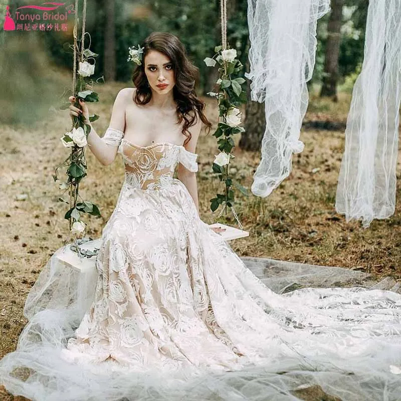 Romantic Dreamy Rose Lace Wedding Dress 