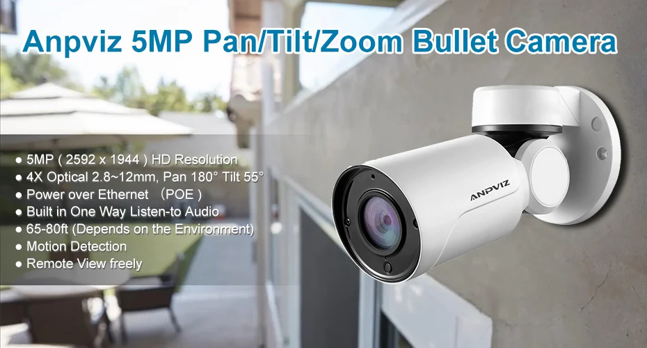 Anpviz Новые HD POE IP Камера в помещении/на открытом воздухе 5MP пуля Secuirty Камера s Pan/наклон/зум 4x Оптический зум Встроенный аудио IP камера Onvif NVR