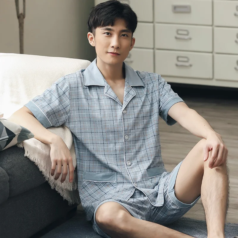 Summer Cotton Pajama Men Plaid Short Sleeve + pants Sleepwear Pyjama Hombre Short Pijamas Nightwear Homeclothes Plus Size 5XL