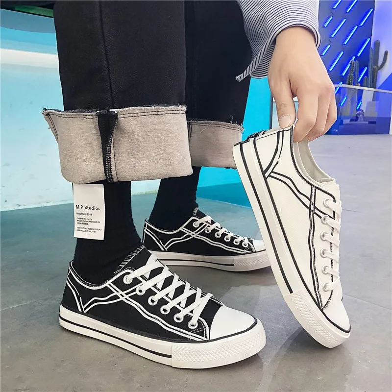 

Men Canvas Shoes 2019 Fashion Solid Color Men Vulcanized Shoes Lace-up White Casual Shoes Men Sneakers Trendy Zapatillas Hombre