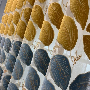 

Elgent Yellow Leave Curtains Blackout For Living Room Blue Sheer Curtains Luxurious Window Blinds Drape Modern Curtain JK188Y