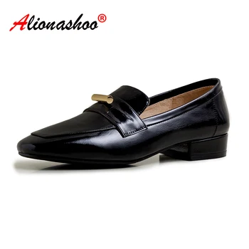 

Genuine leather loafers women 2020 Spring Flats Ladies Elegant Shallow Slip On Square Toe Moccasins Casual Shoes Black Size 39