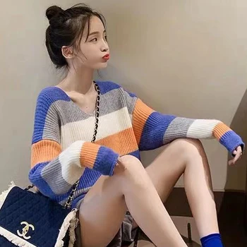 

2020 Autumn Korean Style Knitted Women Pullover Loose Stripe V-neck Female Sweater Ladies Knitwear Jumper Pull