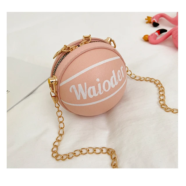 Kids Basketball Messenger Bag Children Girls Leather Round Crossbody Pack Metal Chain Strap For Holiday Travel 4