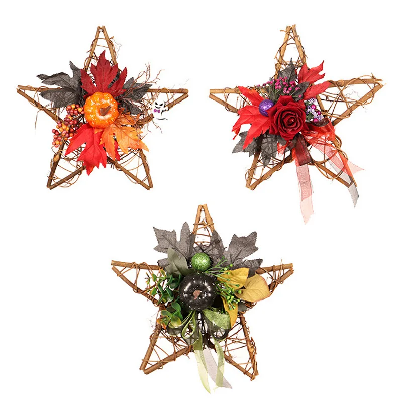 

Xmas Wooden Five Star PendantsWith Light Thanksgiving Black Pumpkin Handmade Halloween Decorations Home Wall Windows Decor Props