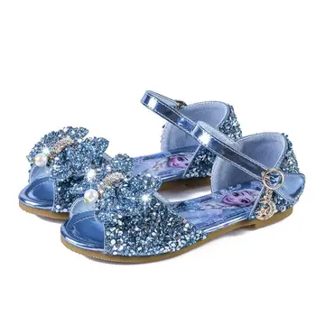 

New Summer Cartoon Children Sandals Cute Kids Soft Elsa Flat Sandals With Bowtie Girls Elsa Princess Beach Sandals Toddler Shoes