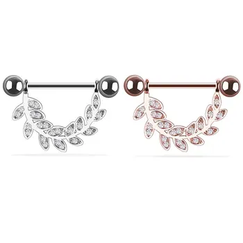 

Leaf Crystal Nipple Rings Charming StainlessTongue Barbell Steel Ring For Women Girls