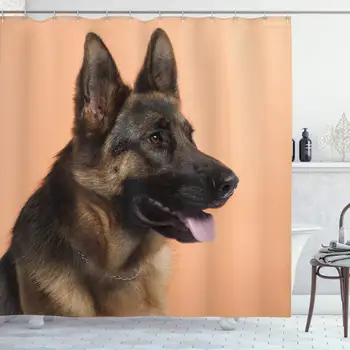 

German Shepherd Shower Curtain, Close-up Photo of a Young Dog in Front of Orange Backdrop, Cloth Fabric Bathroom Decor Set with