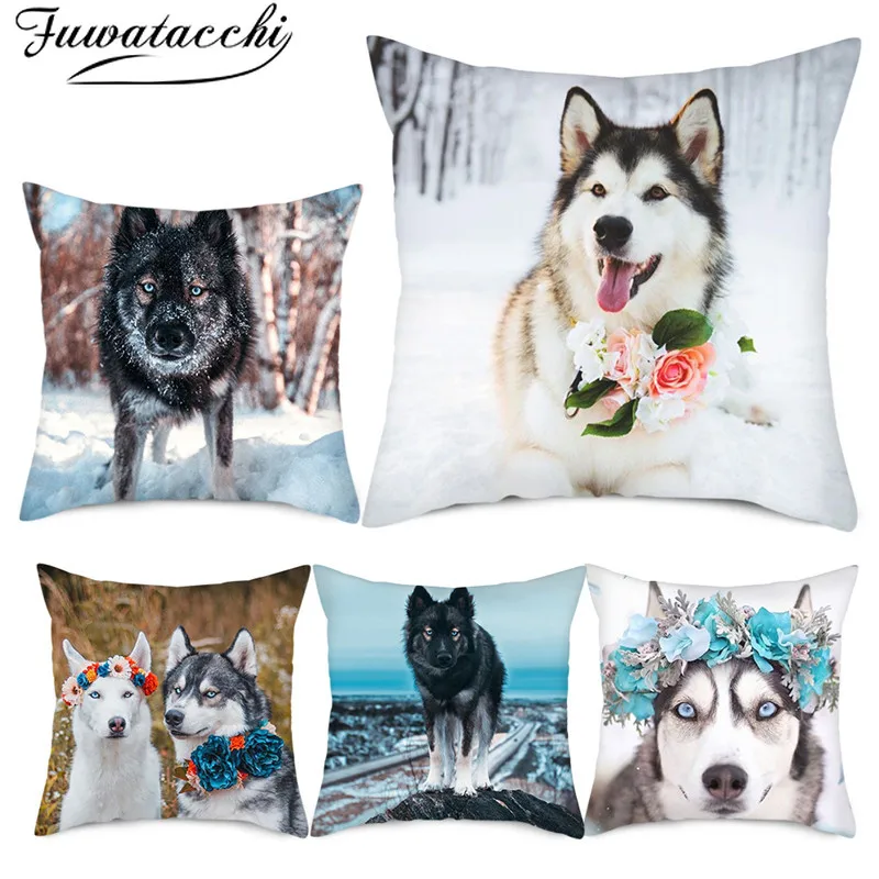 

Fuwatacchi Cute Dogs Cushion Cover Winter Husky Flower Throw Pillow Cover for Sofa Car Home Chair Decor Pillow Case 45x45cm
