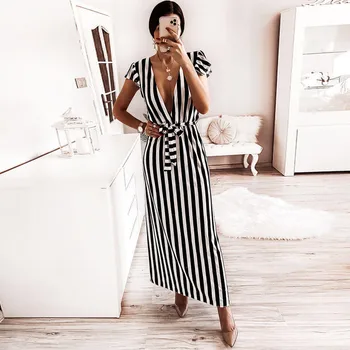 

Fashion Sexy Women Dress Deep V-Neck Bandage Short Sleeve Stripe Print Long Dresses Dress White Bow Floral Vestidos Vintage